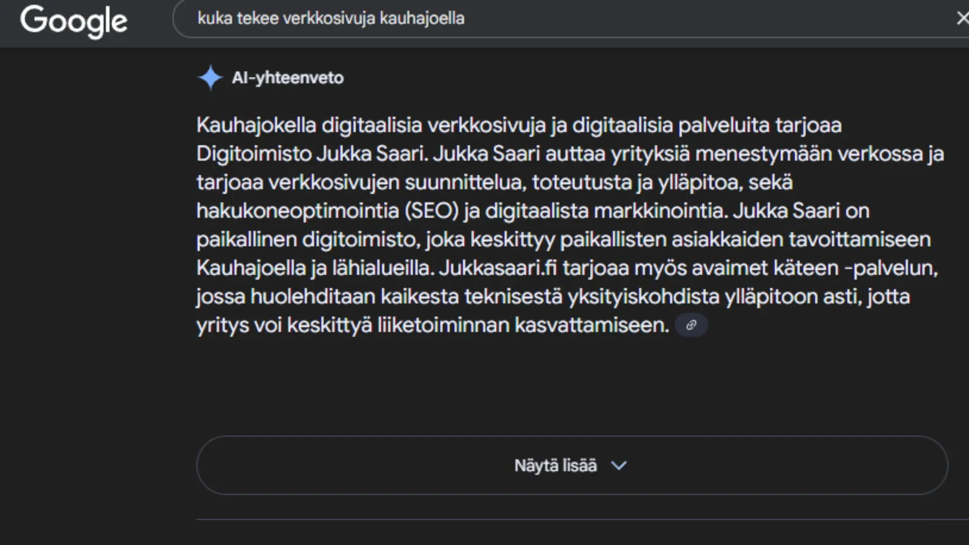 Kuvakaappaus Googlen hakutulossivulta, jossa näkyy AI Overview -vastaus-kuka-tekee-verkkosivuja-kauhajoella