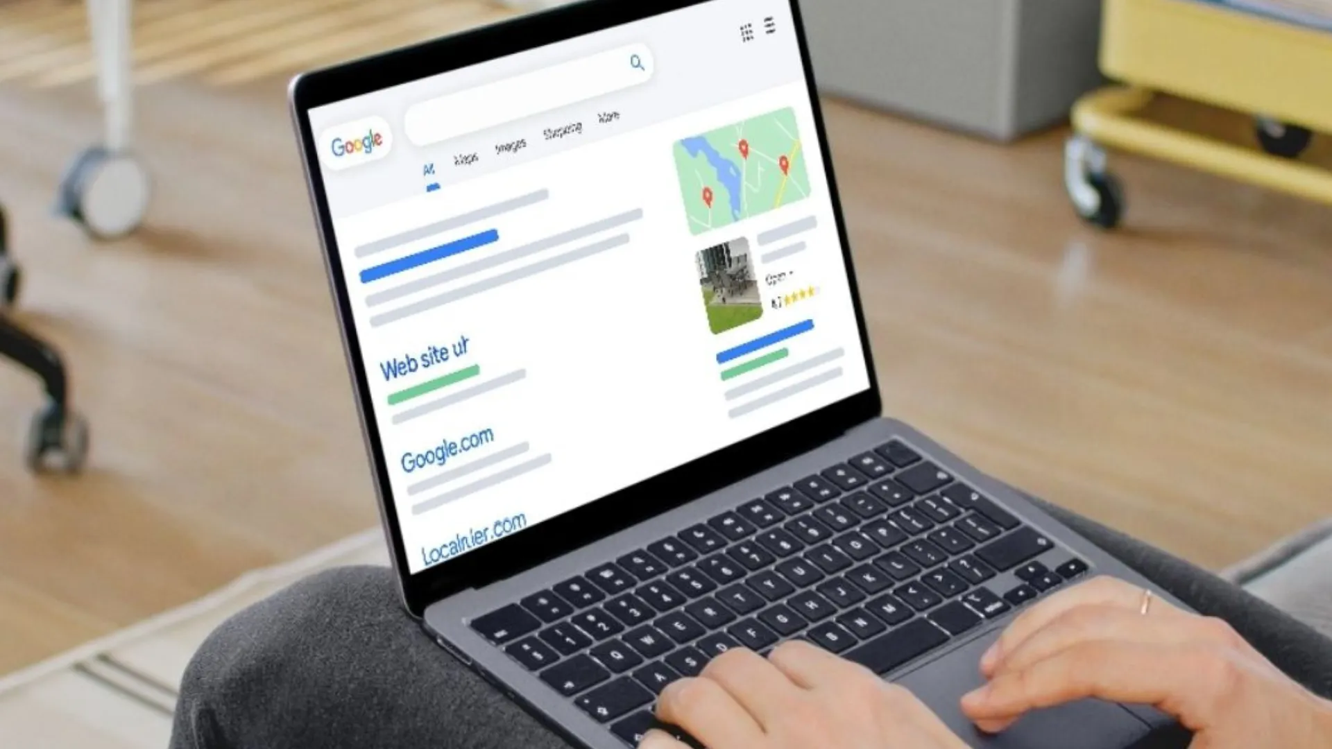 "Henkilö selaa Google-hakutuloksia kannettavalla tietokoneella, esillä paikallisia yrityksiä ja tähtiarvosteluja.