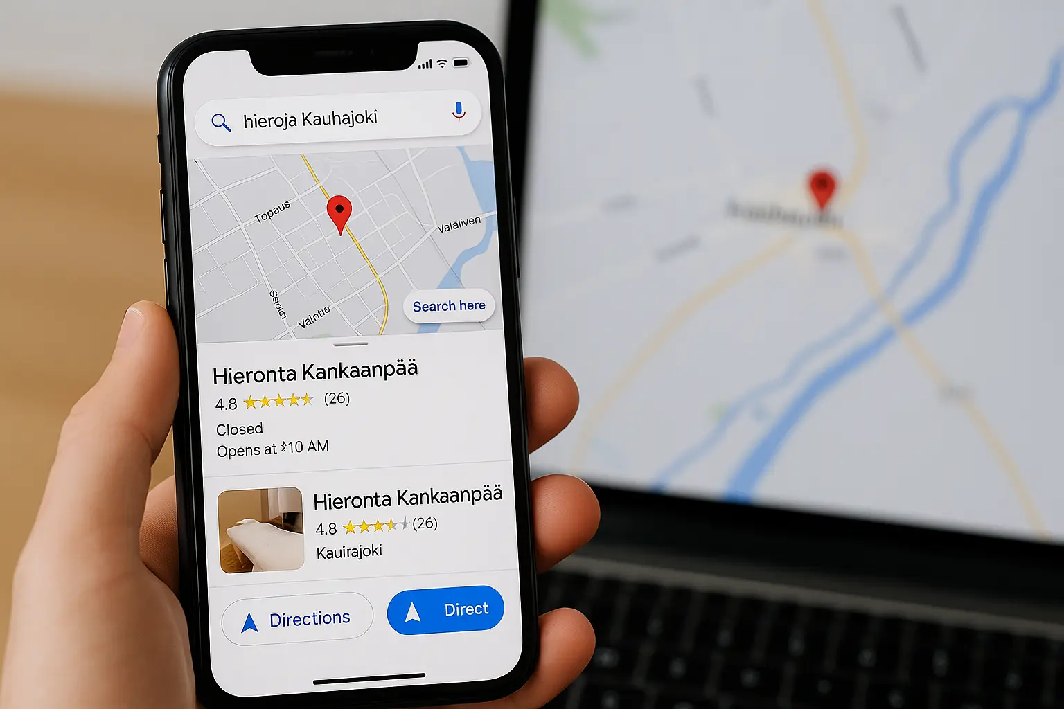 Yrityksen Google Maps -profiili näkyy älypuhelimen ruudulla, jossa hakutuloksena näkyy "hieroja Kauhajoki"