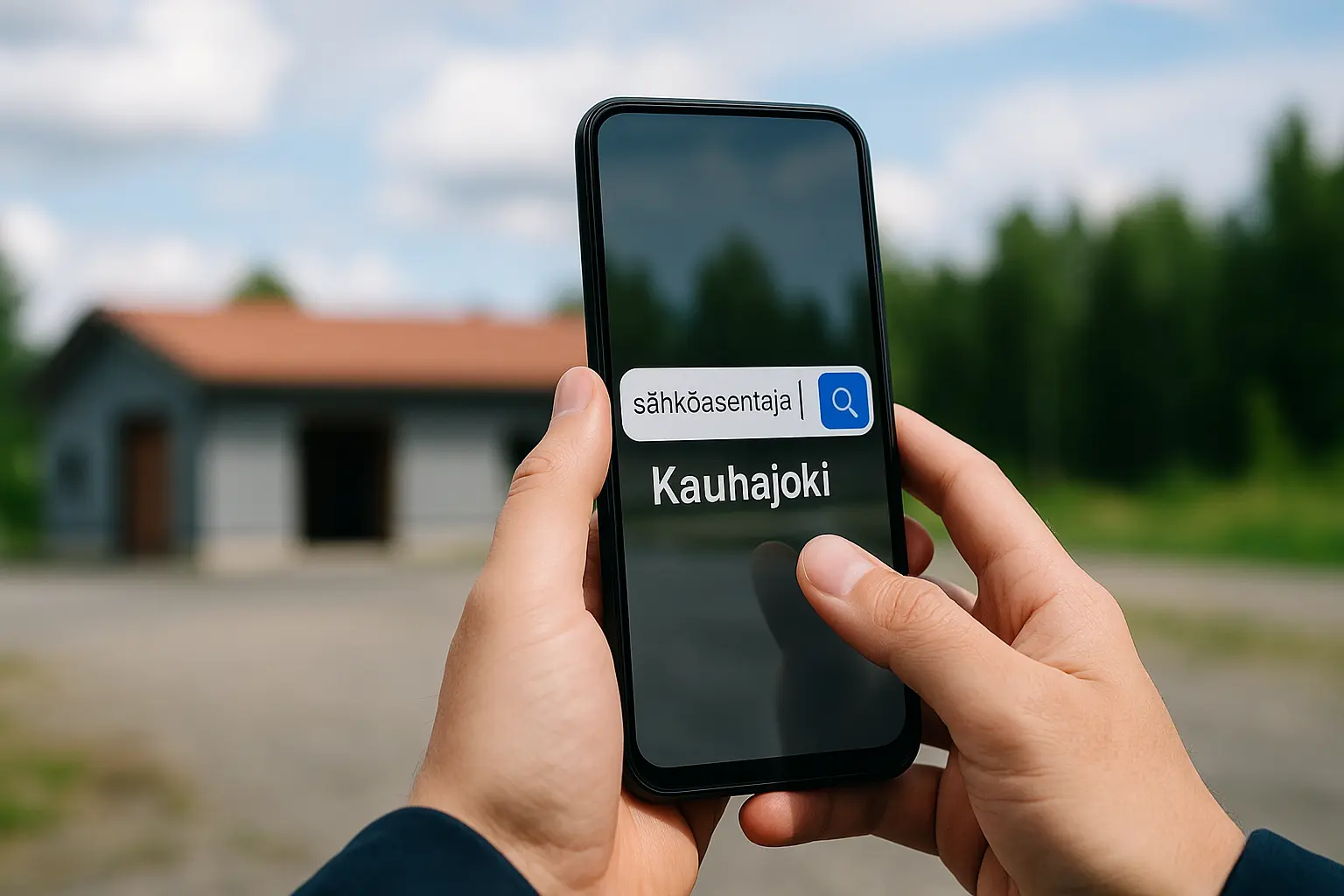 paikalliset-hakusanat-kauhajoki-hakutilanne Henkilö etsii paikallista palvelua Kauhajoelta älypuhelimella. Näytöllä näkyy hakutermi "sähköasentaja Kauhajoki"