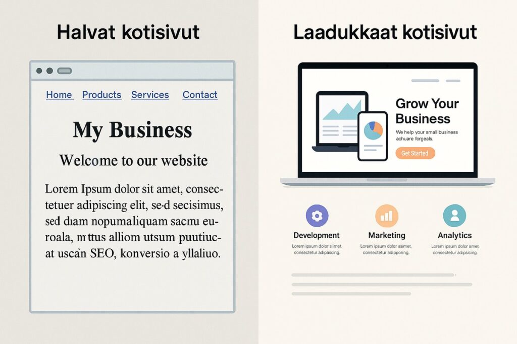 Halvat vs. laadukkaat kotisivut – vertailukuva pienyritykselle (vasen: 90-luvun tyylinen sivu, oikea: moderni ja konversioystävällinen)