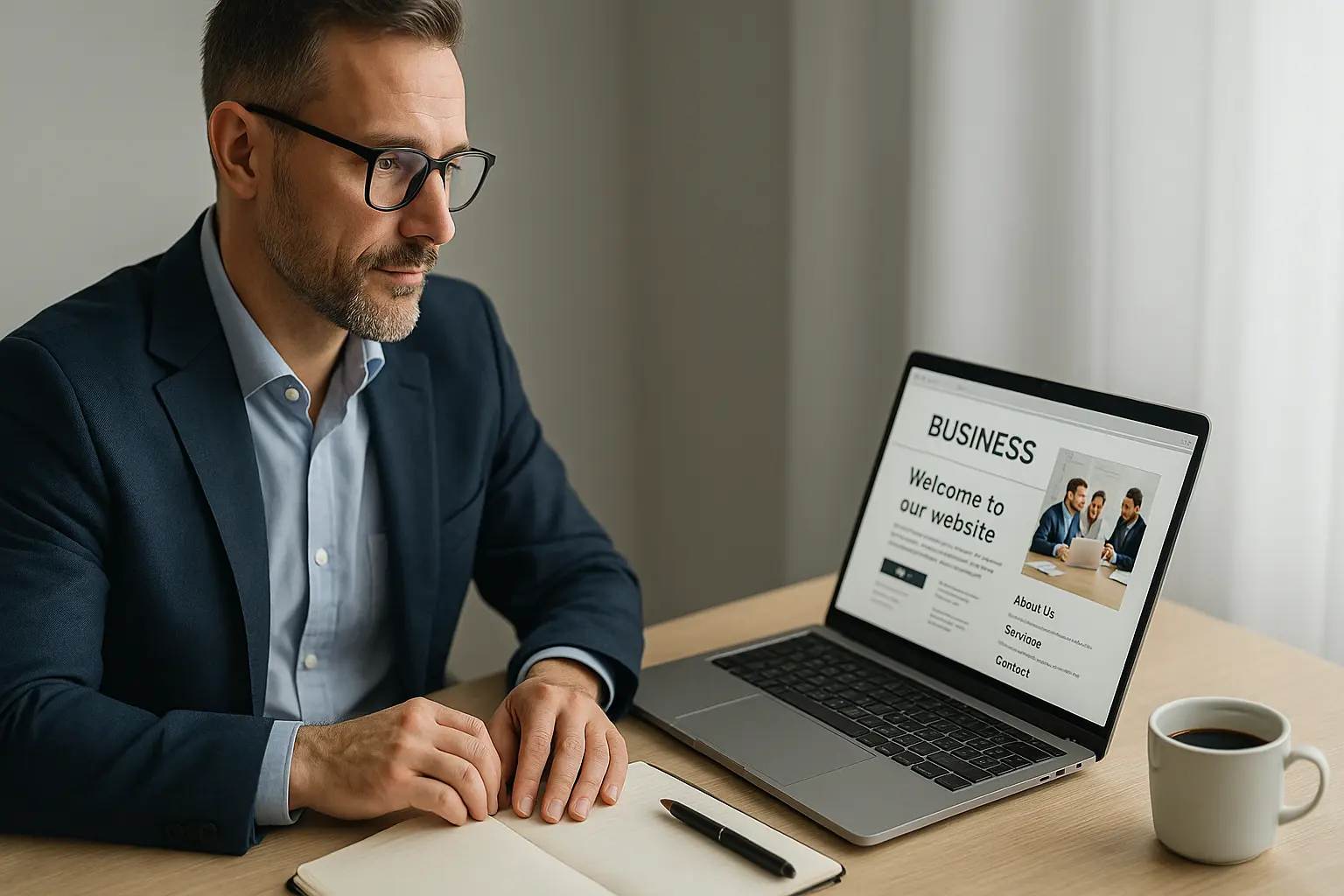 Yrittäjä istuu työpöydän ääressä, katsoo kannettavan tietokoneen ruudulta yrityksensä kotisivuja. Vieressä on muistikirja ja kahvikuppi, symboloiden suunnitelmallisuutta ja ammattimaisuutta.