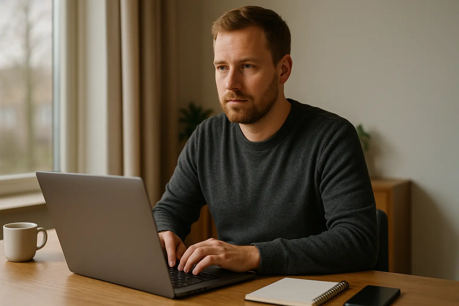Kauhajokelainen yrittäjä työskentelee kannettavalla tietokoneella toimistossa ja suunnittelee yrityksensä verkkonäkyvyyden parantamista.
