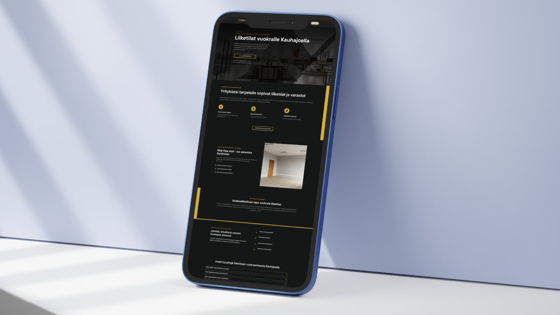 Topeekan Liikekiinteistöt – verkkosivut mobiilissa, esimerkki selkeästä liiketilasivusta Kauhajoella