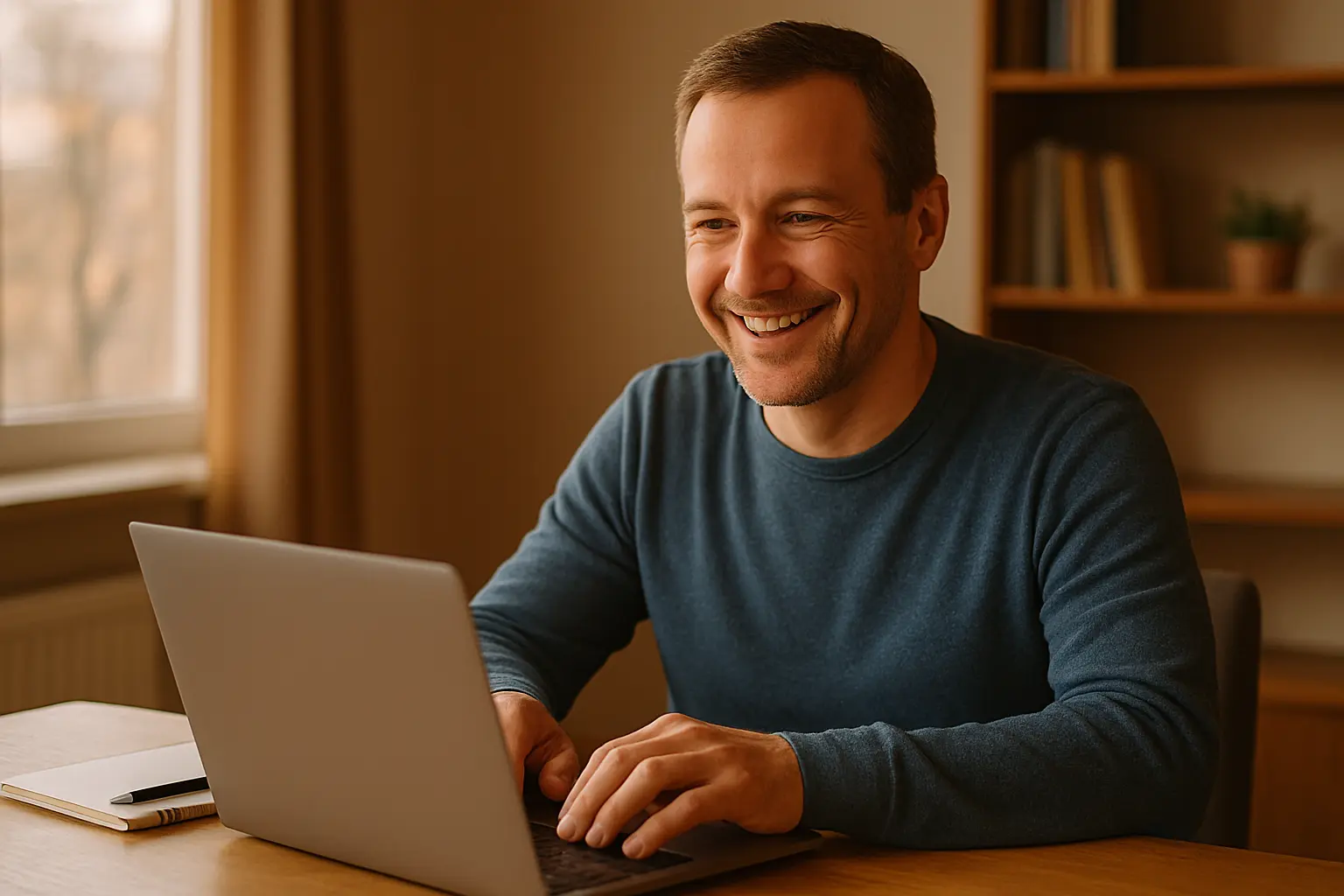 Hymyilevä pienyrittäjä työskentelee läppärillä kotitoimistossa – suunnittelee kotisivuja pienyritykselle ja kehittää yrityksen näkyvyyttä verkossa