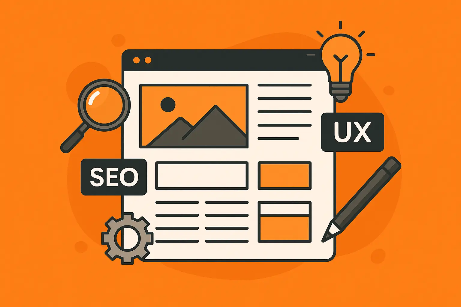 Kuvitus verkkosivujen rakenteesta, hakukoneoptimoinnista ja käyttäjäkokemuksesta yrityksen verkkosivuoppaassa