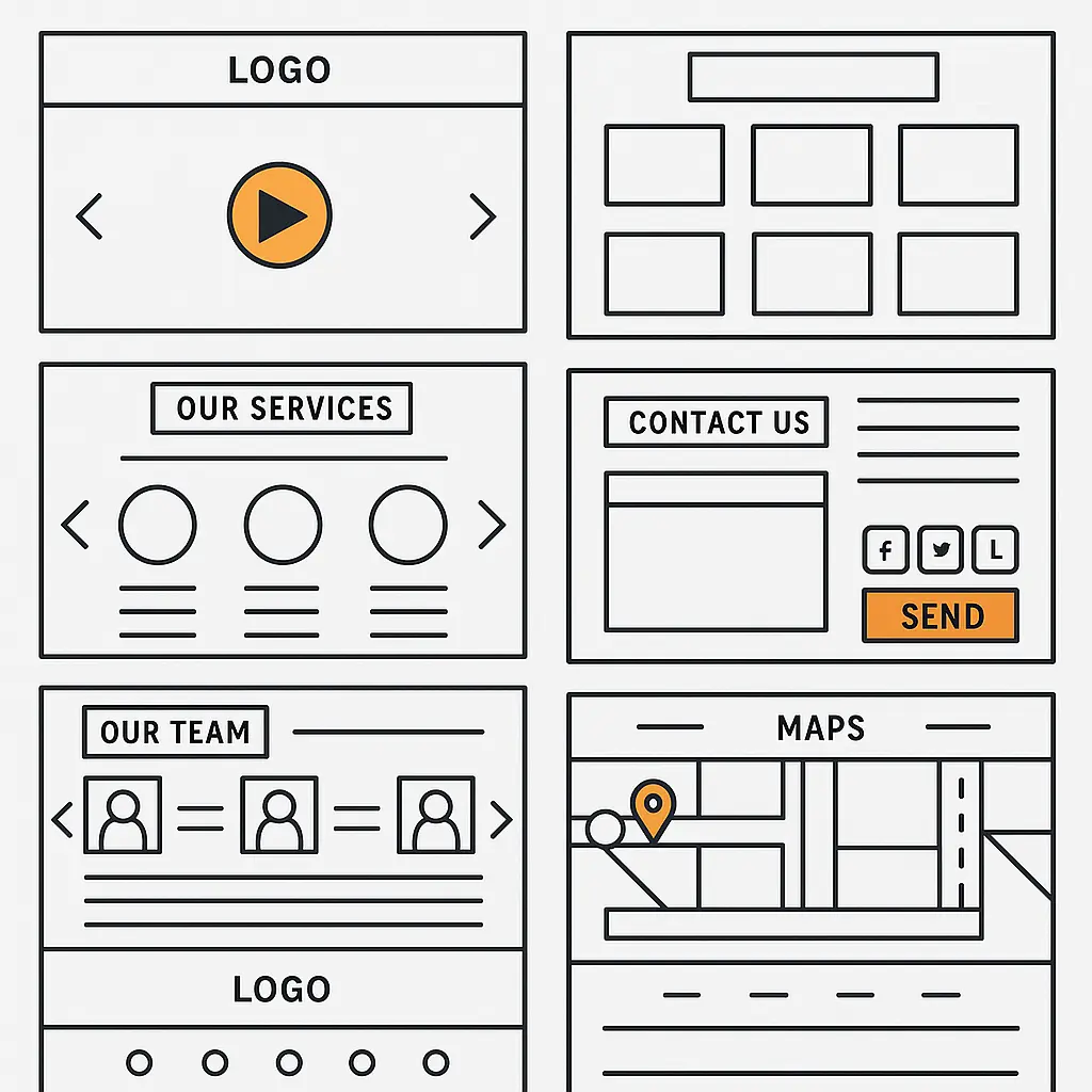 Yrityksen verkkosivujen rakenne wireframe-kaaviona, jossa sisältölohkot ohjaavat kävijää kohti yhteydenottoa.
