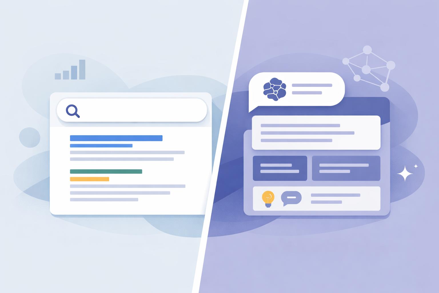 Graafinen vertailukuva Google-haun ja tekoälyhaun välillä vuonna 2026