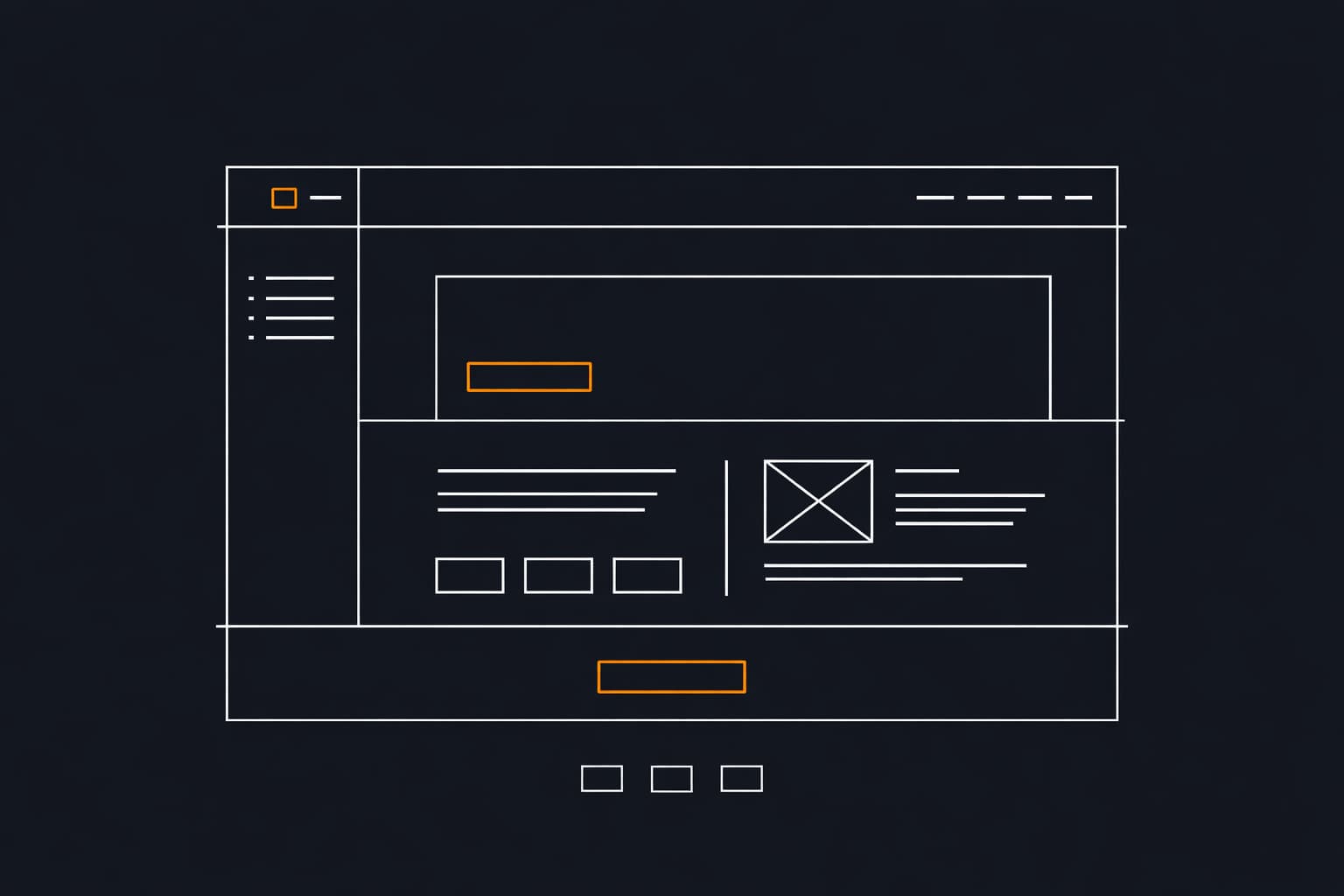 Tumma verkkosivun layout-mockup, jossa selkeä rakenne ja korostettu toimintopainike.