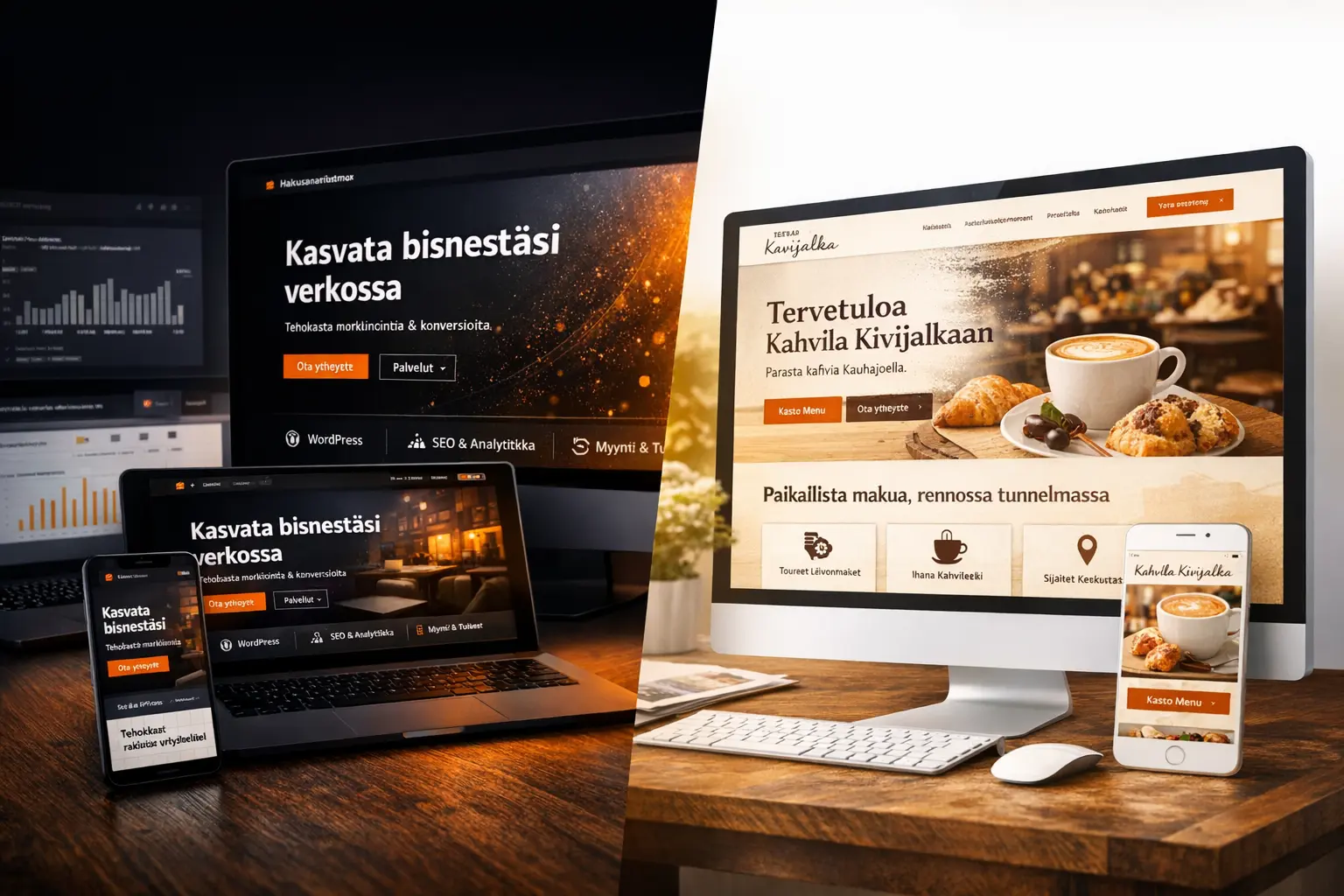 Visualisointi siitä, mistä kotisivujen hinta koostuu – strategia, sisällöntuotanto, SEO, design ja jatkuva kehitys