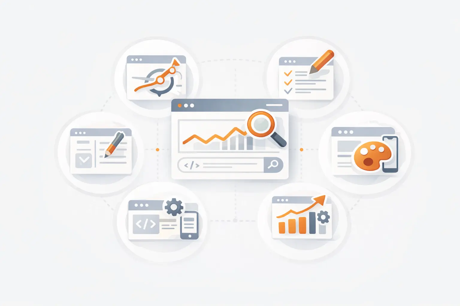 Visualisointi siitä, mistä kotisivujen hinta koostuu – strategia, sisällöntuotanto, SEO, design ja jatkuva kehitys