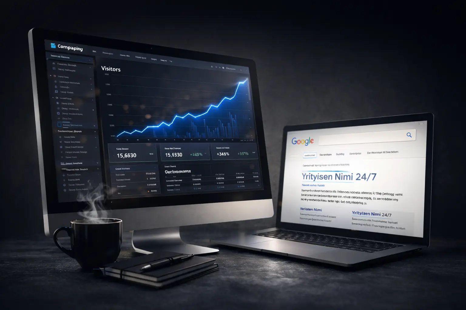 Tietokoneen näytöllä verkkosivuston kävijätilastot kasvavalla trendillä ja kannettavalla Google-hakutulos, jossa yritys näkyy kärjessä.