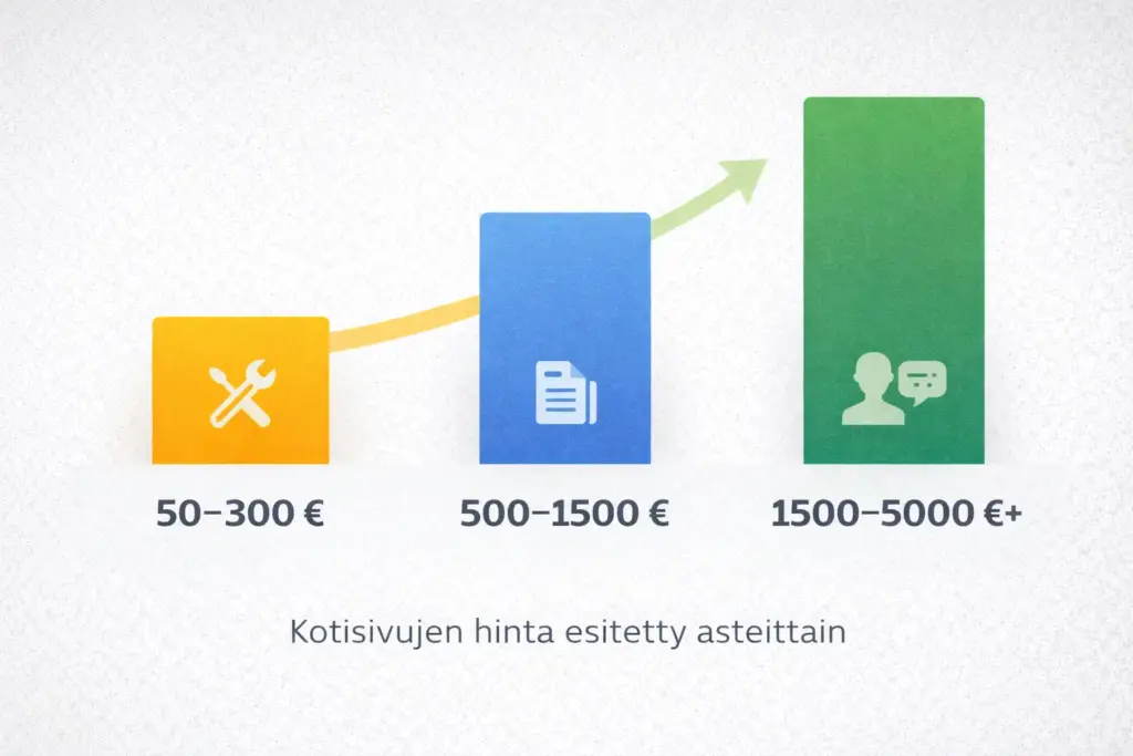 Pienyrityksen kotisivujen hinta eri vaihtoehdoissa yksinkertaisena vertailuna