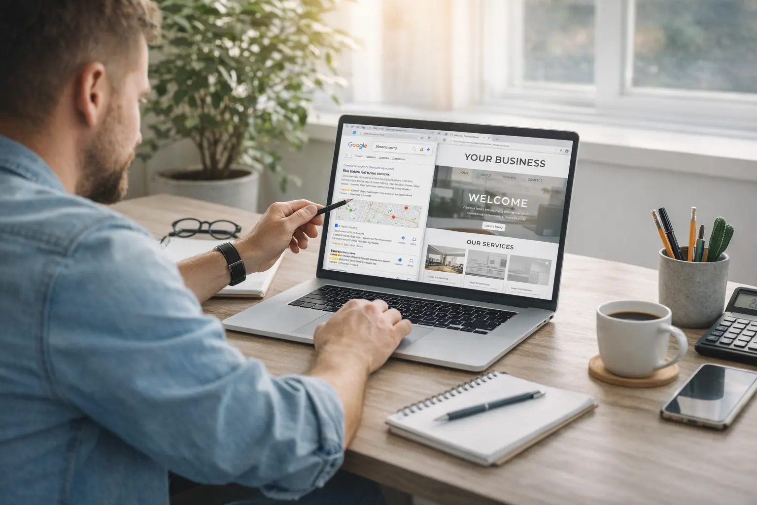 Pienyrittäjä suunnittelee yrityksen kotisivuja läppärillä ja tarkistaa Google-hakutuloksia.