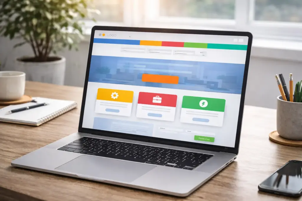 Selkeä pienyrityksen verkkosivun rakenne läppärin näytöllä.