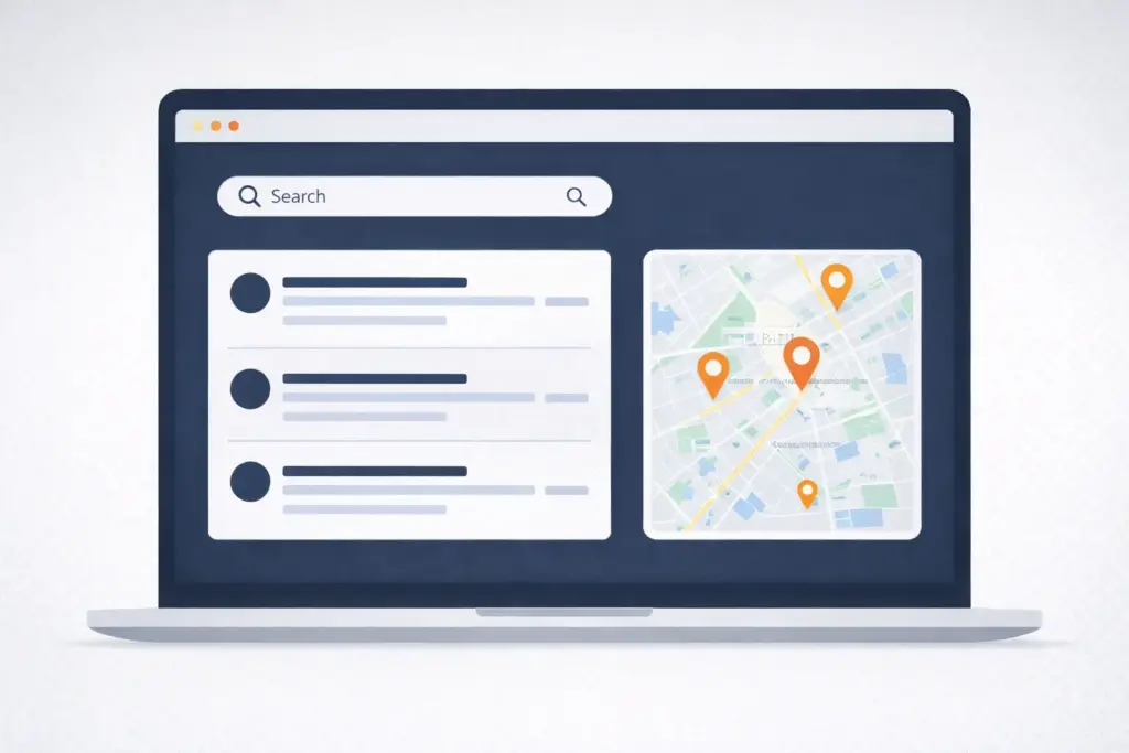 Paikallinen yritys näkyy Googlen hakutuloksissa kartan ja yrityslistauksen kanssa
