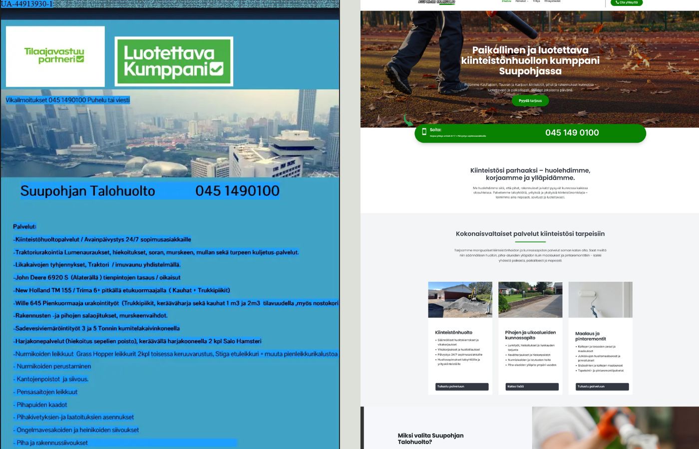 Vanha sekava verkkosivu ja uudistettu selkeä verkkosivu rinnakkain – verkkosivujen uudistus ennen ja jälkeen