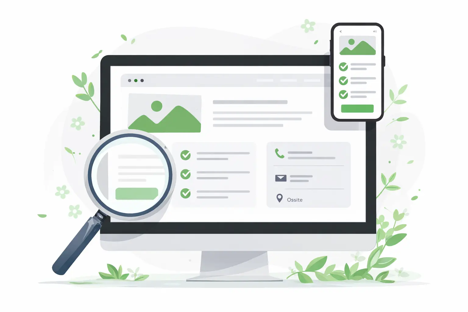 Keväinen graafinen kuvitus yrityksen verkkosivujen tarkistamisesta tietokoneen ja mobiilinäkymän avulla.