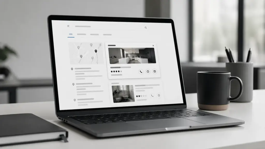 Kannettava tietokone työpöydällä. Näytöllä näkyy Google-hakutuloksia ja yrityslistauksia kuvaava näkymä.