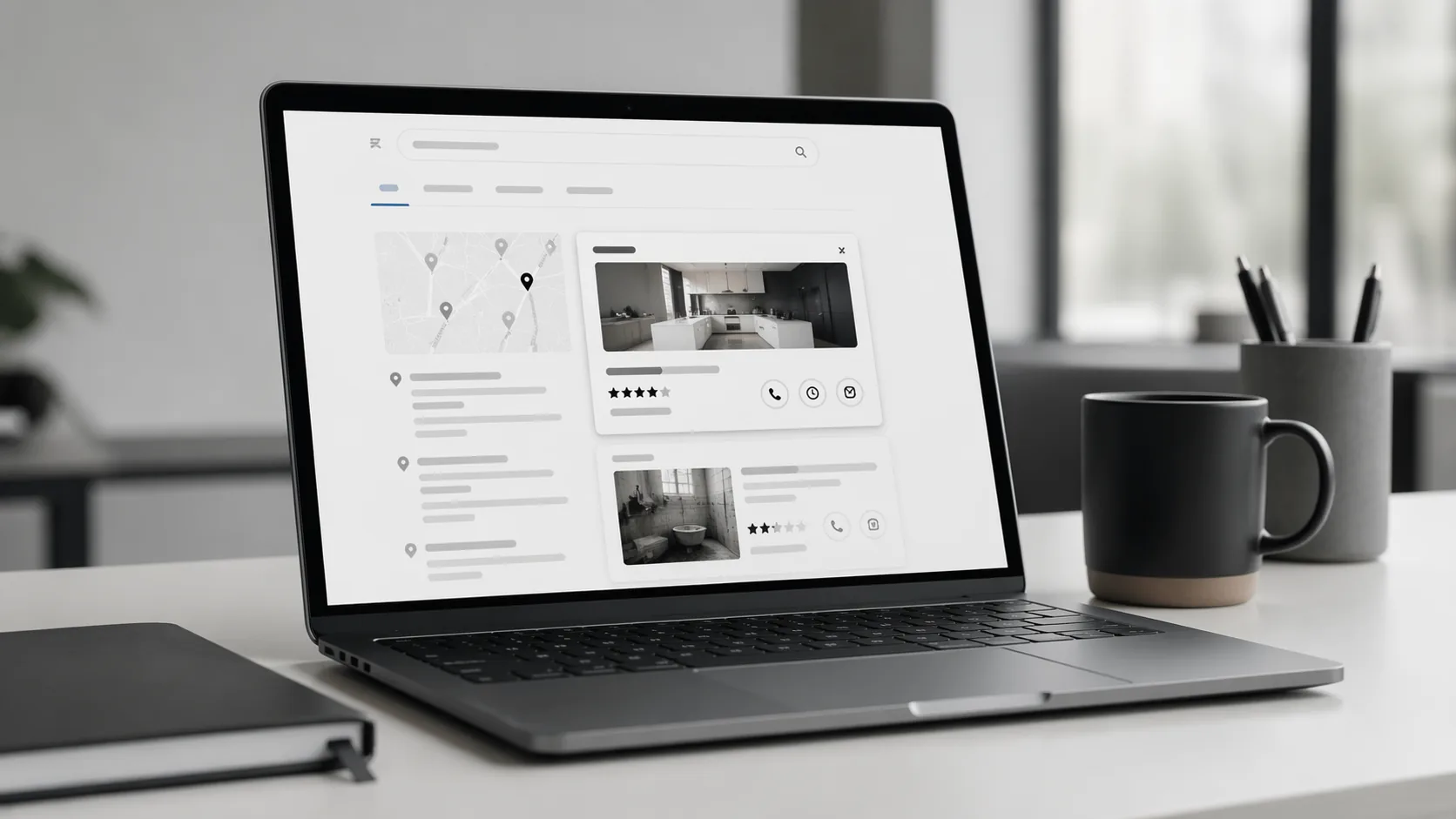 Kannettava tietokone työpöydällä. Näytöllä näkyy Google-hakutuloksia ja yrityslistauksia kuvaava näkymä.
