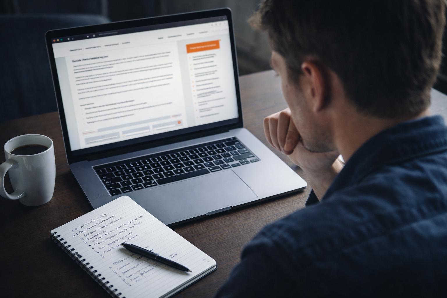 Henkilö arvioi yrityksen verkkosivun sisältöä läppäriltä työpöydän ääressä muistivihkon ja kahvikupin vieressä.